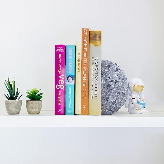 Space Themed Bookends & Decor Set - Astronaut Moon Theme (2 Pack, Black, Grey, Silver Resin)