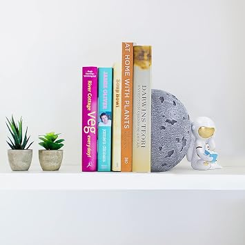 Space Themed Bookends & Decor Set - Astronaut Moon Theme (2 Pack, Black, Grey, Silver Resin)
