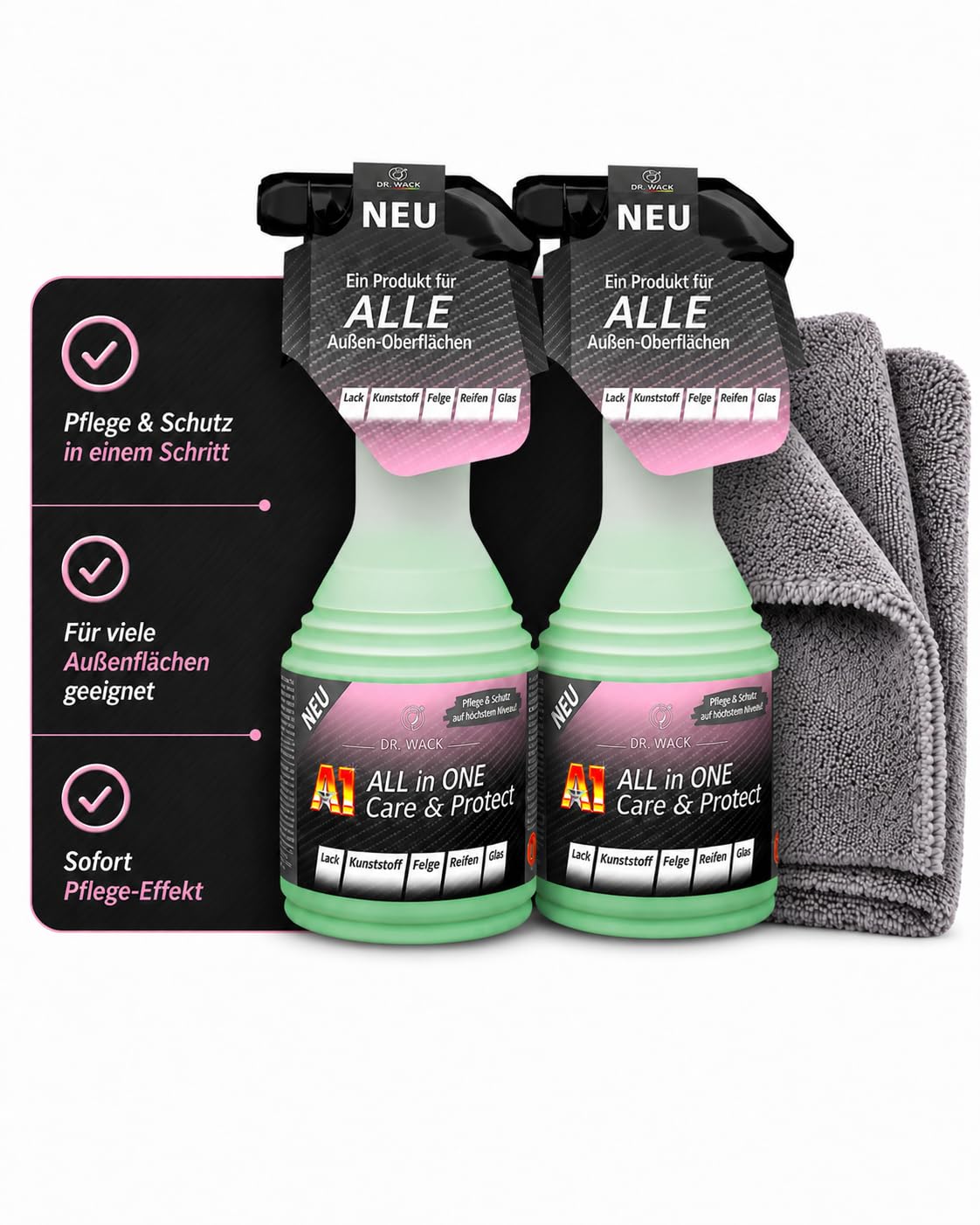 Set: 2x Dr. Wack A1 ALL IN ONE Care & Protect 500 ml + Mikrofaser-Poliertuch 520 GSM – Sprühversiegelung fürs Auto mit Schutzfilm & Abperleffekt für Lack, Glas, Felgen, Kunststoff u. Reifen