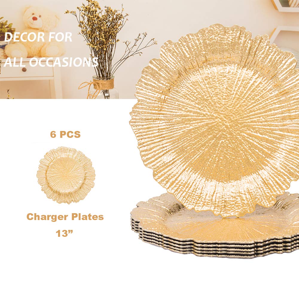 MAONAME Round 13" Gold Charger Plates, Plastic Reef Plate Chargers for Dinner Plates, Wedding, Elegant Décor Place Setting and silverware 50
