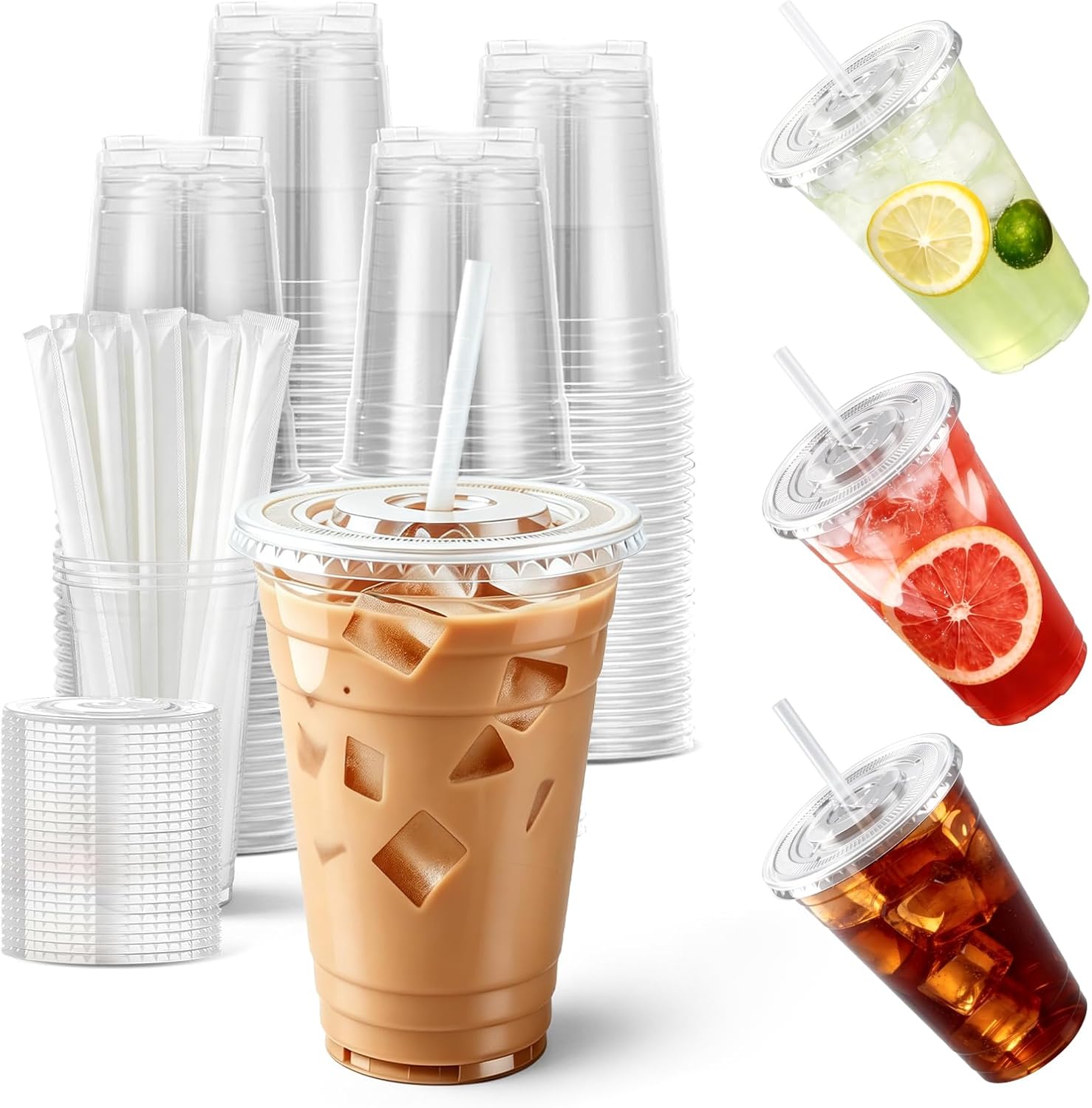 100-Pack 16 oz Cups with Lids and Straws, Disposable Plastic Cups with Lids - BPA-free, Perfect for Iced Coffee, Frappes, Milkshakes & Juice, Ideal for Home, Office & Parties