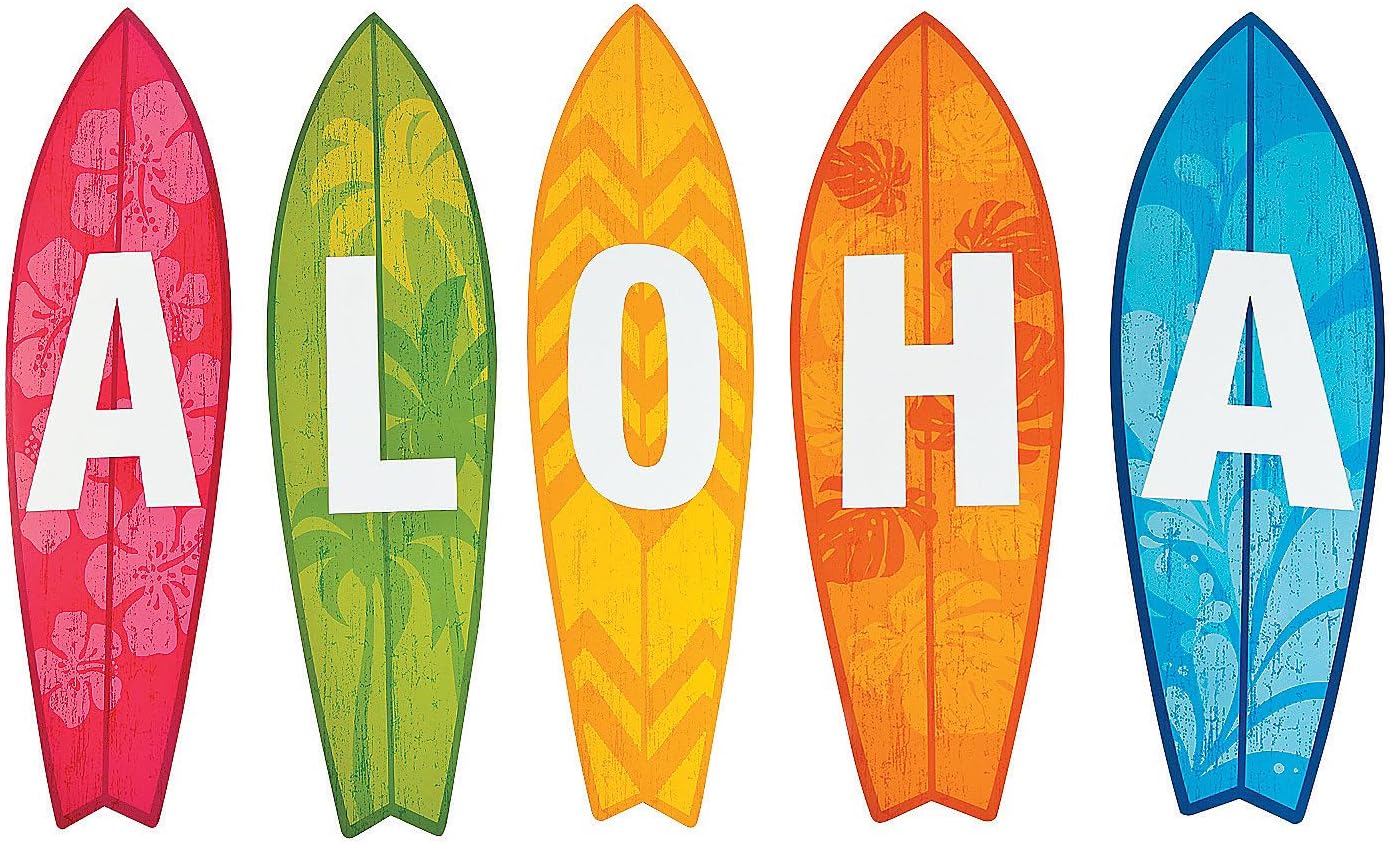 Fun Express Luau Party Decorations Hawaiian Party Decorations Surfboard Wall Decor Set of 5 - Tropical Decor Tiki Decor Cardboard Surfboard Cutouts for Beach Party Aloha Themed Events