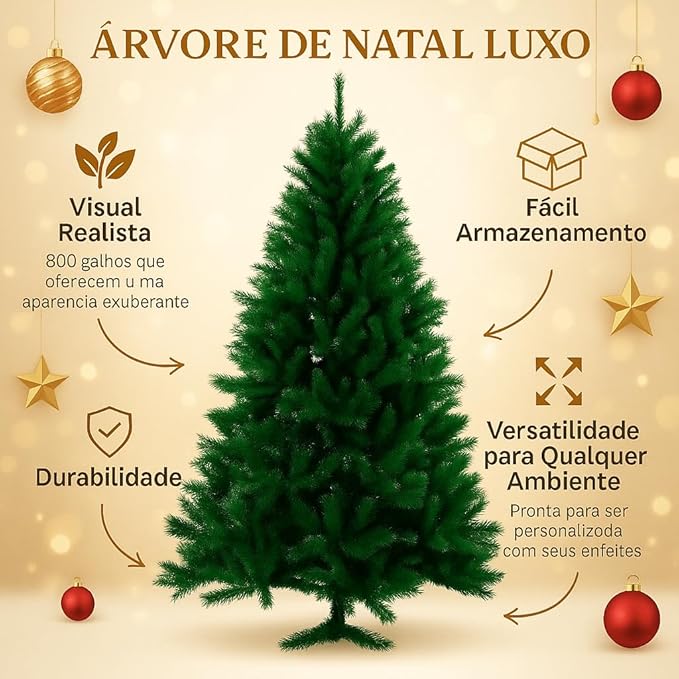 Árvore de Natal Luxo Pinheiro 1,80m 800 Galhos — Cheia, Realista e Elegante Natal Encantador Decoração de Casa Decoração Natalina Inesquecível Base de Ferro Reforçada Resistente Linha Super Premium Árvore de Natal Luxo Pinheiro 1,80m 800 Galhos — Cheia, Realista e Elegante Natal Encantador Decoração de Casa Decoração Natalina Inesquecível Base de Ferro Reforçada Resistente Linha Super Premium