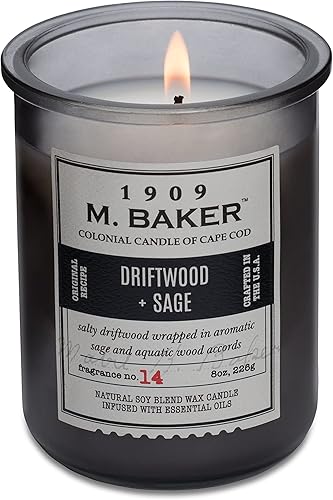 Miniatura 4 de M. Baker by Colonial Candle - Vela perfumada en tarro de vidrio de boticario, madera flotante y salvia, mezcla de cera de soja natural, 8 onzas,
