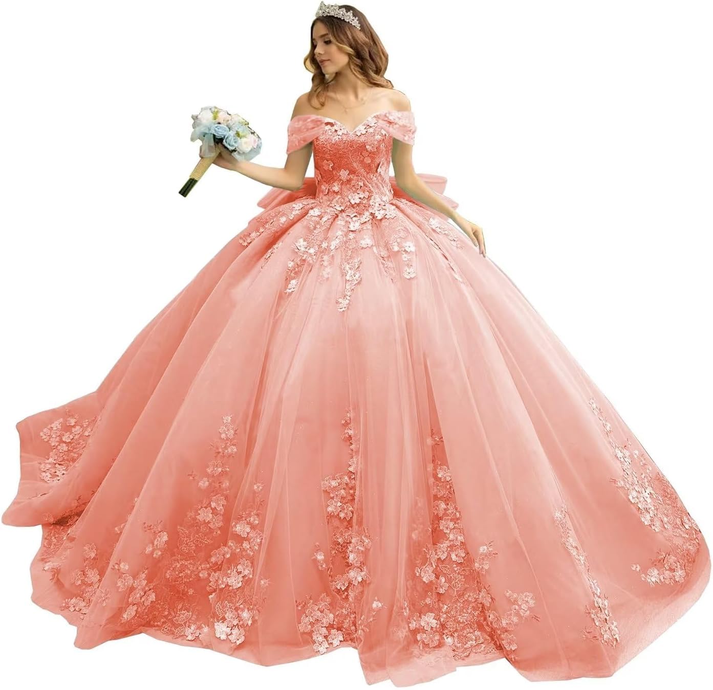 Fuomomo Women's Coral 3D Floral Quinceanera Dress Sweet 16 Dresses Puffy Tulle Sparkly Off Shoulder Lace Prom Dress Mt025