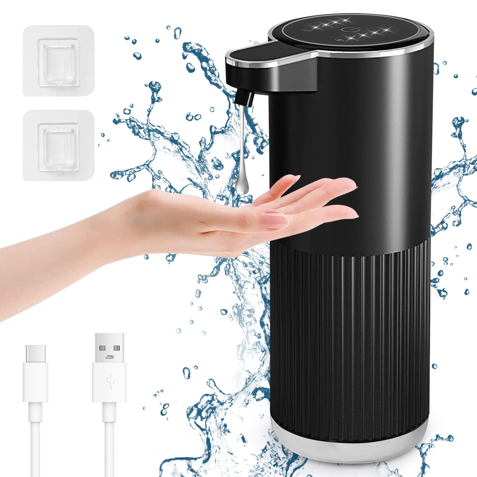 Cuteefun Dispensador Jabon Automático Líquido, 400ml Dispensador de Jabón Recargable, Dosificador Jabon Pared con Control de 4 Niveles, Indicación del Nivel de Batería, para Cocina, Baño, Negro