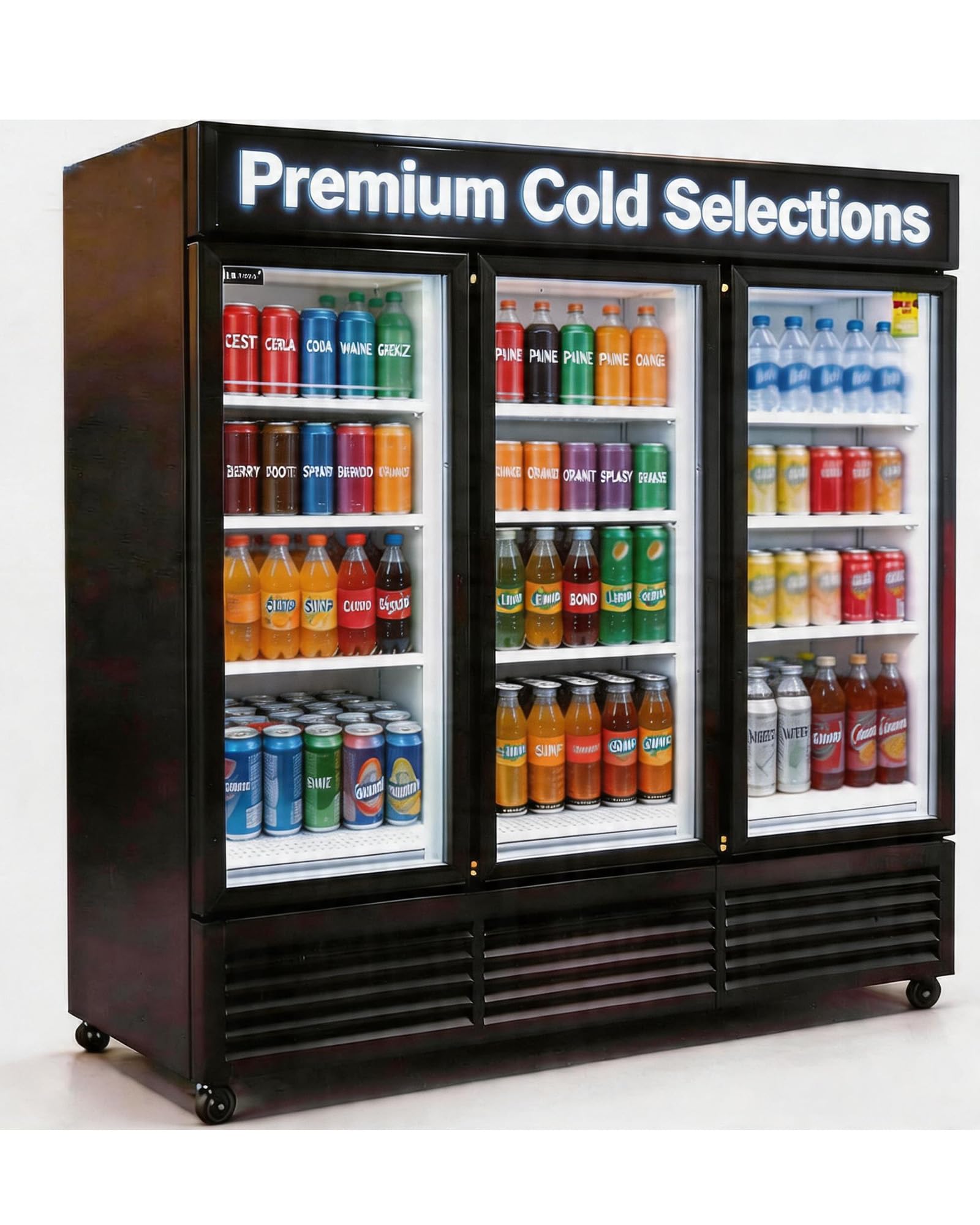 Nafcoool 71” Wide Commercial Beverage Refrigerator Display Fridge, Three Glass Door Merchandiser Drink Cooler With LED Light 9 Adjustable Shelves,Etl Sanitation,63.5 Cu Ft,Black,Wheels Included on Fridge.com - View 2