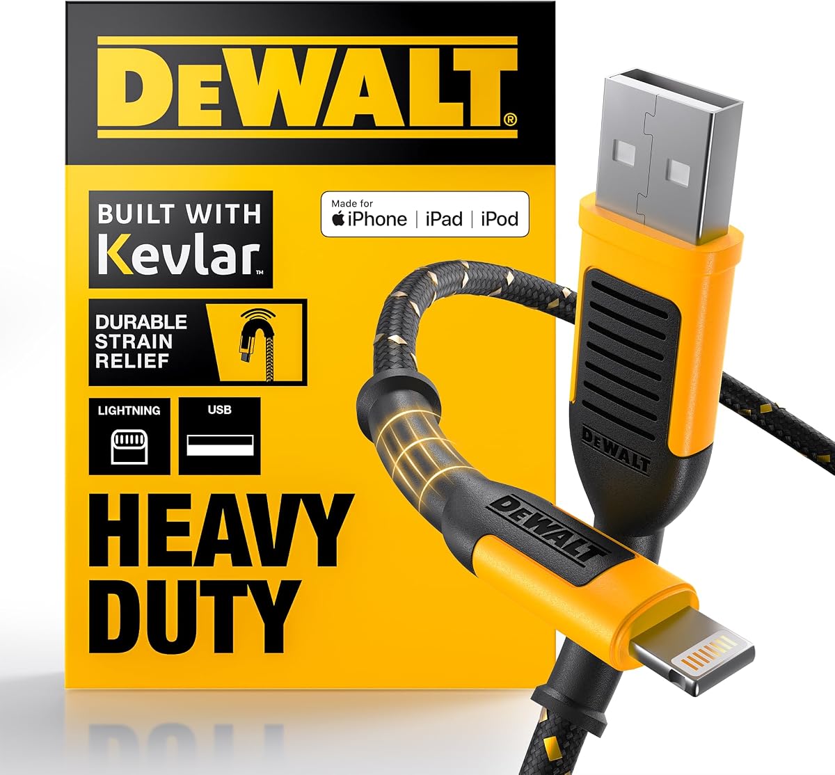 DEWALT Heavy Duty USB A to Lightning Cable [Apple MFi Certified], 6FT | Durable iPhone Charger, Lightning Cables, Fast Charging iPhone Charger Cord Compatible w/iPhones 14/13/12/11 Pro Max iPad