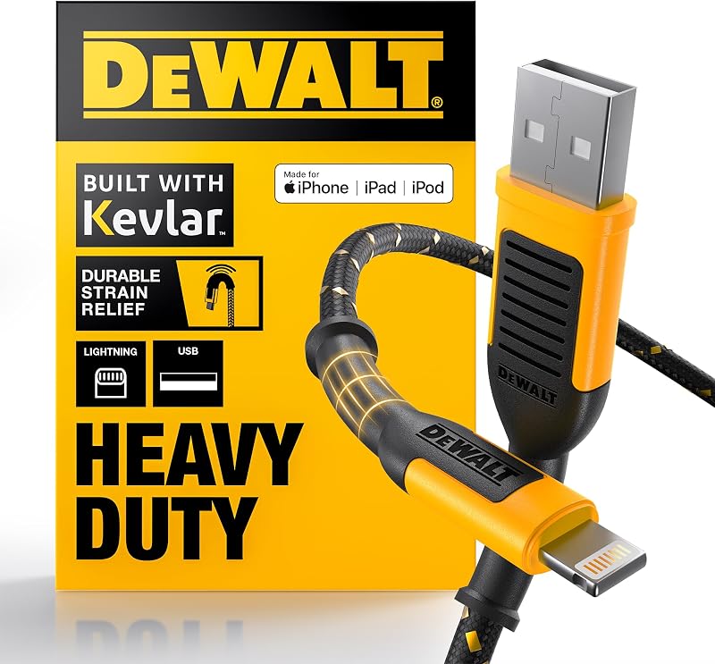 DEWALT Heavy Duty USB A to Lightning Cable [Apple MFi Certified], 6FT | Durable iPhone Charger, Lightning Cables, Fast Charging iPhone Charger Cord Compatible w/iPhones 14/13/12/11 Pro Max iPad
