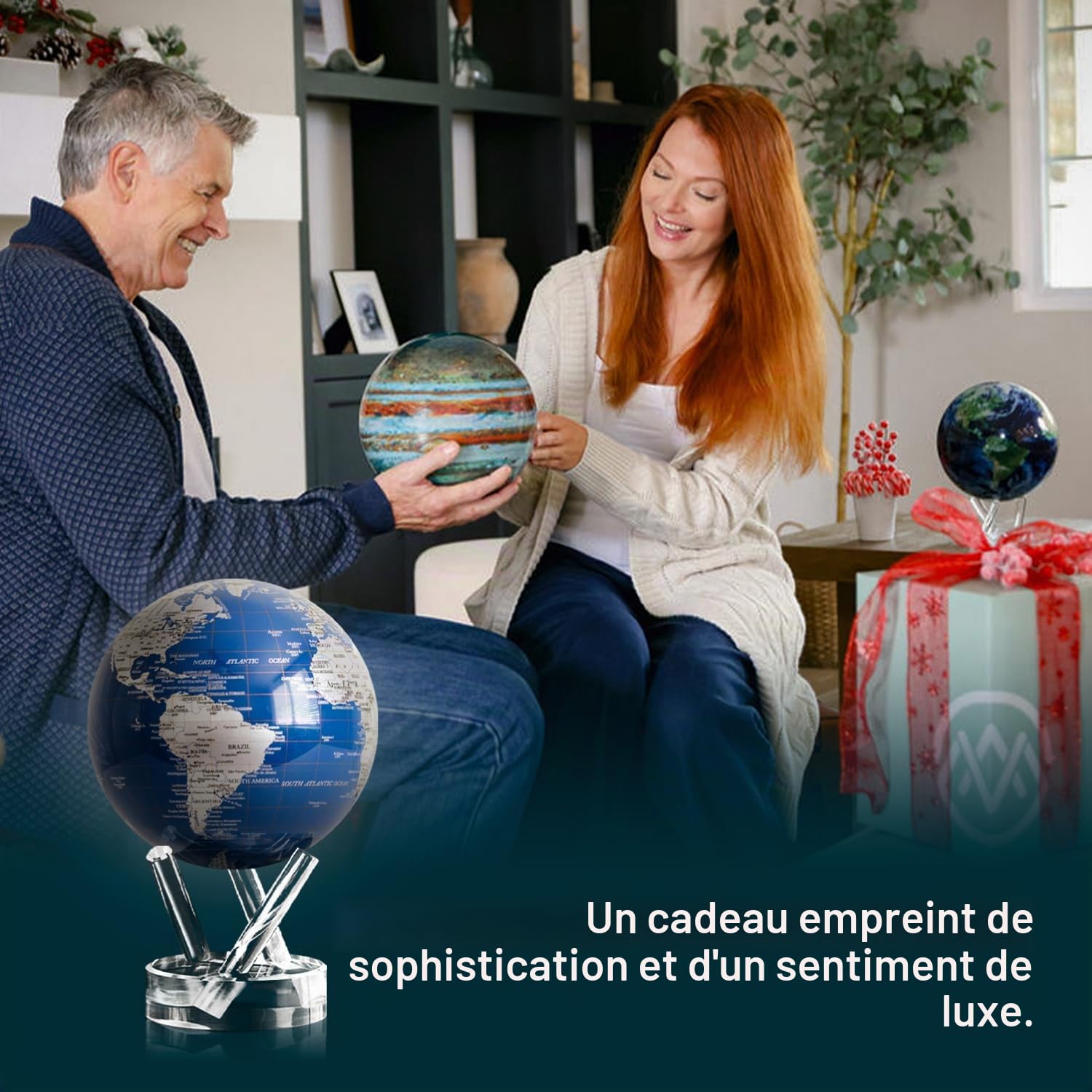 Globe MOVA – Terre Bleu et Argent 11,5 cm | Globe Rotatif avec Lumière pour Bureau, Étude ou Cadeau | Sans Piles ni Câbles