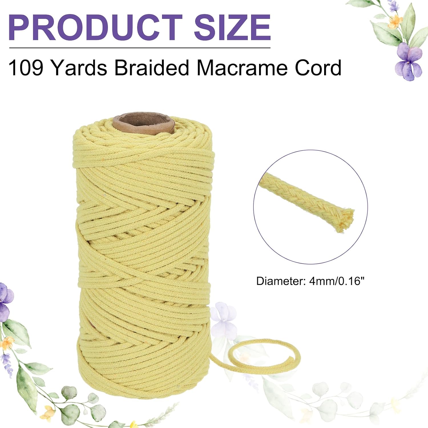 MECCANIXITY Braided Macrame Cord, 4mm x 109 Yards Natural Cotton Rope Macrame Yarn Bohemia Craft String with Scissors for Plant Hangers, Dream Catcher, Wall Hanging, Knitting (Light Yellow) image 2