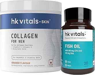 Marine Collagen for Men Supplement (Orange, 200g) with Fish Oil (30 Capsules)| Vitamin C, E, Sodium Hyaluronate | For Youthful & Glowing Skin