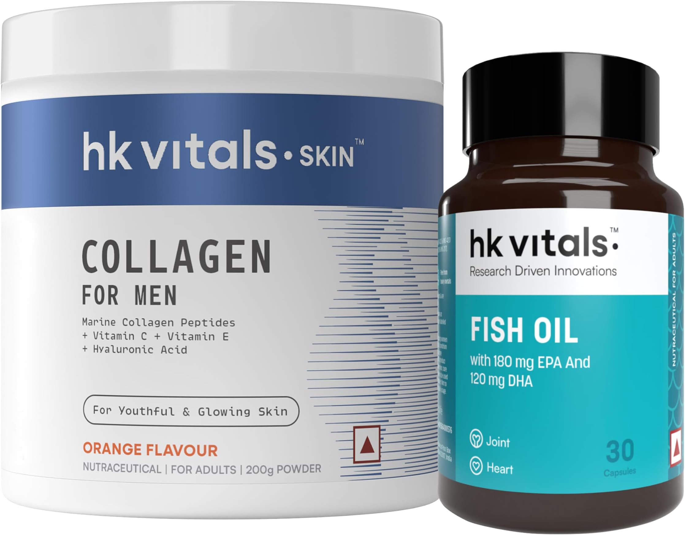 hk vitals Marine Collagen Supplement for Men (Orange, 200g) with Fish Oil (30 Capsules)| Vitamin C, E, Sodium Hyaluronate | For Youthful & Glowing Skin