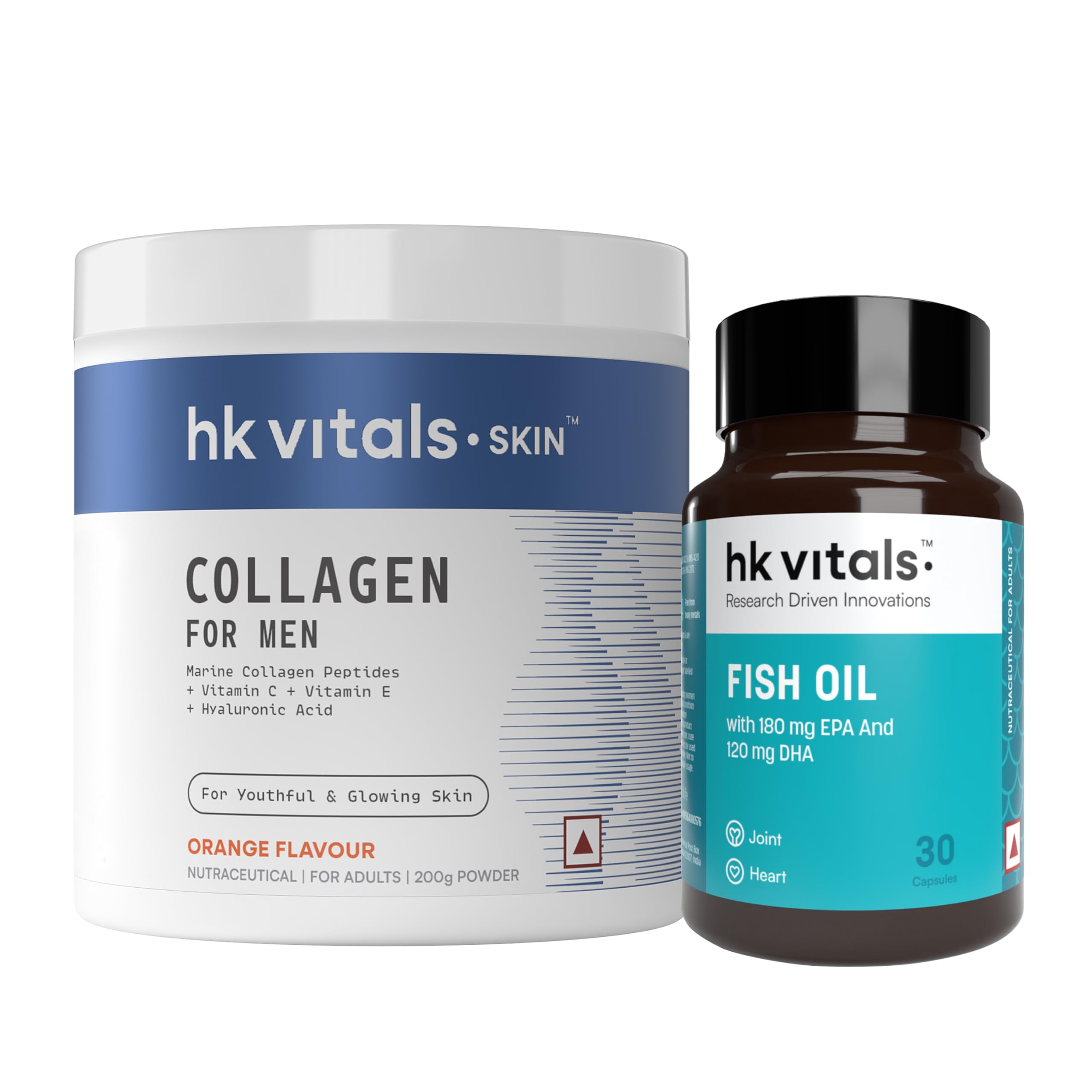 HK vitals Marine Collagen for Men Supplement (Orange, 200 G) with Fish Oil (30 Capsules)| Vitamin C, E, Sodium Hyaluronate | For Youthful & Glowing Skin