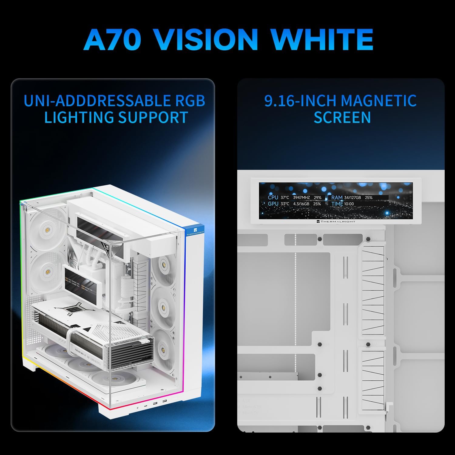 Thermalright A70 Vision White ATX Gaming case |Three Sides Without Stands,Panoramic Glass Panel|8 Fan Slots |Tower-Style Computer case|Equipped withType-C Interface|Comes with a 9.16-inch LCD Display