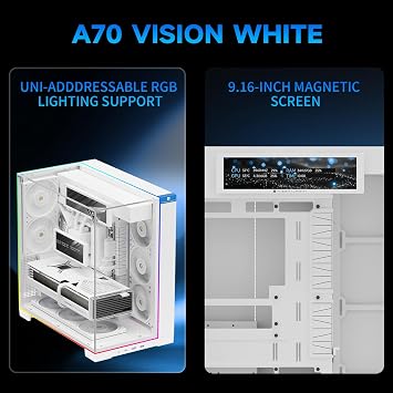 Thermalright A70 Vision White ATX Gaming case |Three Sides Without Stands,Panoramic Glass Panel|8 Fan Slots |Tower-Style Computer case|Equipped withType-C Interface| with a 9.16-inch LCD Display