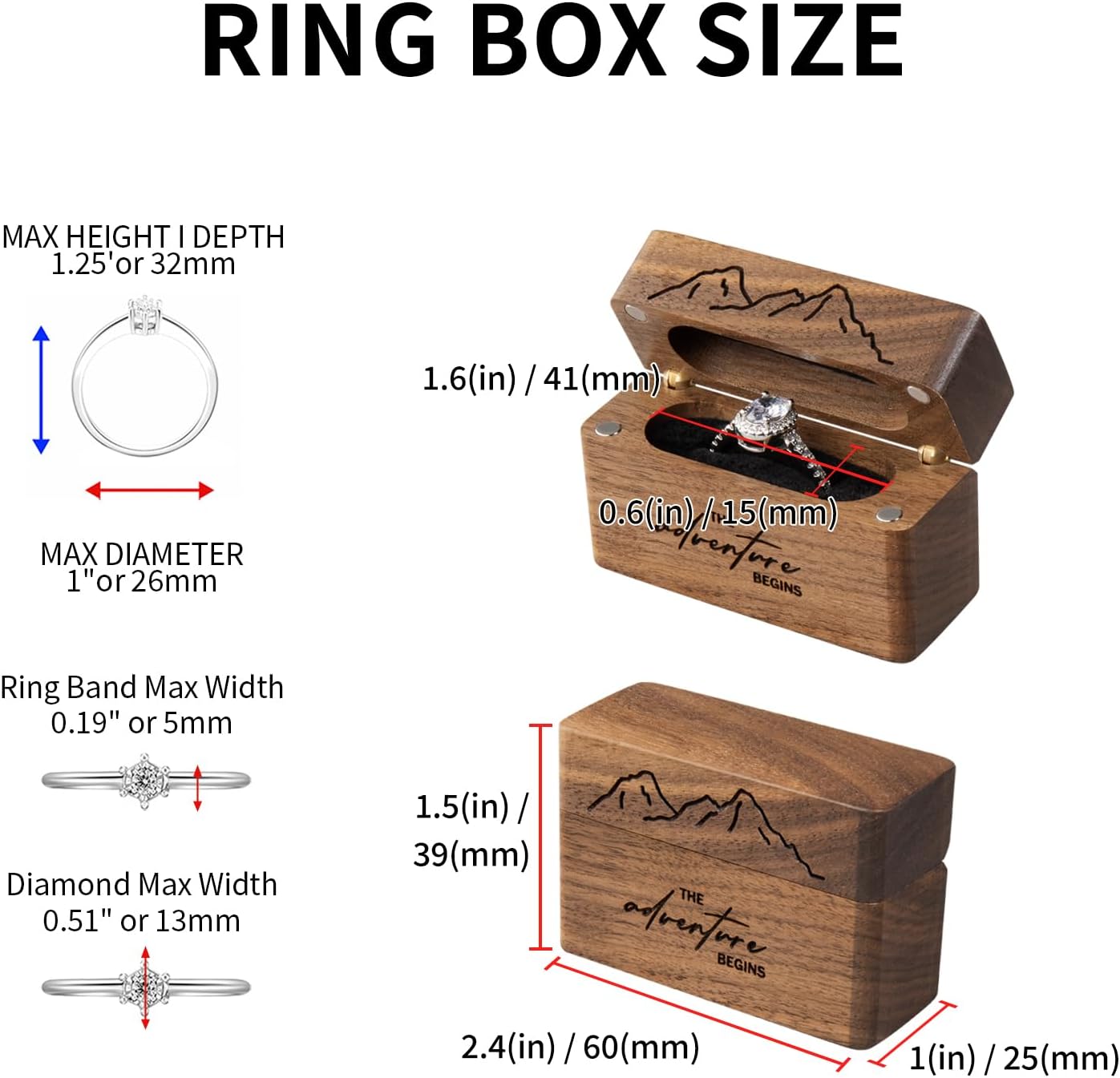 Wooden Engagement Ring Box for Proposal,Wedding,Walnut Wooden case for Little Slim Ring,Pocket Size Secret (The adventure begins) - Image 4