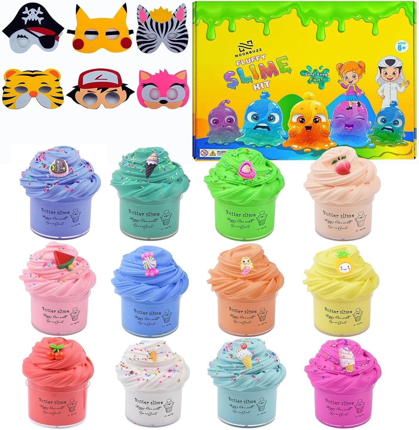NOORBUZZ Boost Kids' Motor Skills & Creativity with Fluffy Slime Kit Non-Sticky Butter Slime with Charms & Accessories - 60ml 12 Pack Plus 6 Jungle Animal Felt Masks - Great Gifting for Boys & Girls