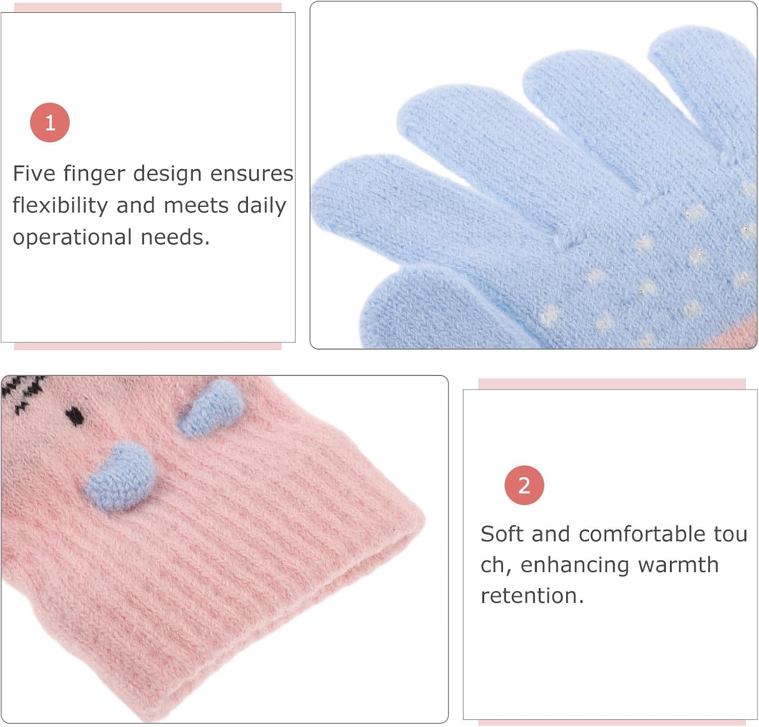 CHILDWEET Warm Gloves Full Finger Mittens Acrylic Knit 3 Pairs with Cute Cat Design for Cold Weather, Versatile Winter Use, Suitable for Boys and Ages 3-7