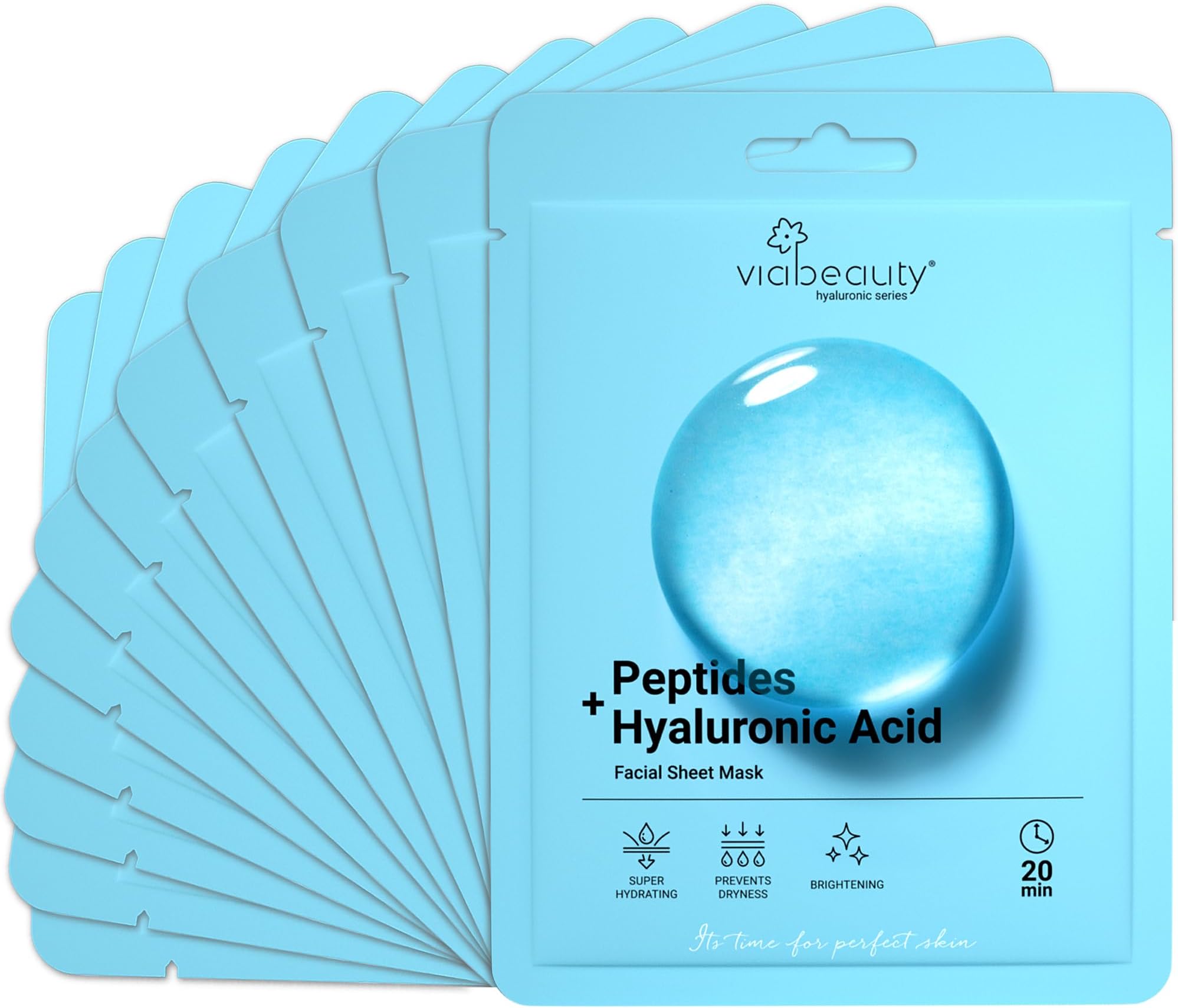 VIABEAUTY 12 Pack of Hyaluronic Acid Face Mask with Peptides Complex - Deep Hydrating & Brightening Facial Sheet Mask - Moisturizing Face Masks Skincare Facial Sheets for All Skin Types