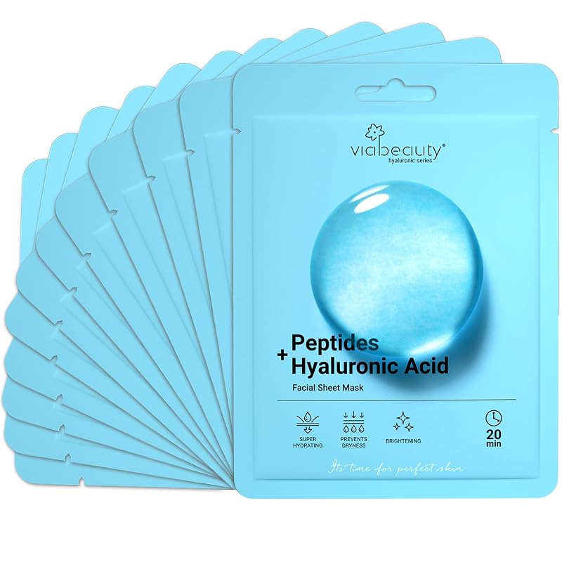 VIABEAUTY Máscara facial em tecido com ácido hialurônico e complexo de peptídeos, pacote com 12
