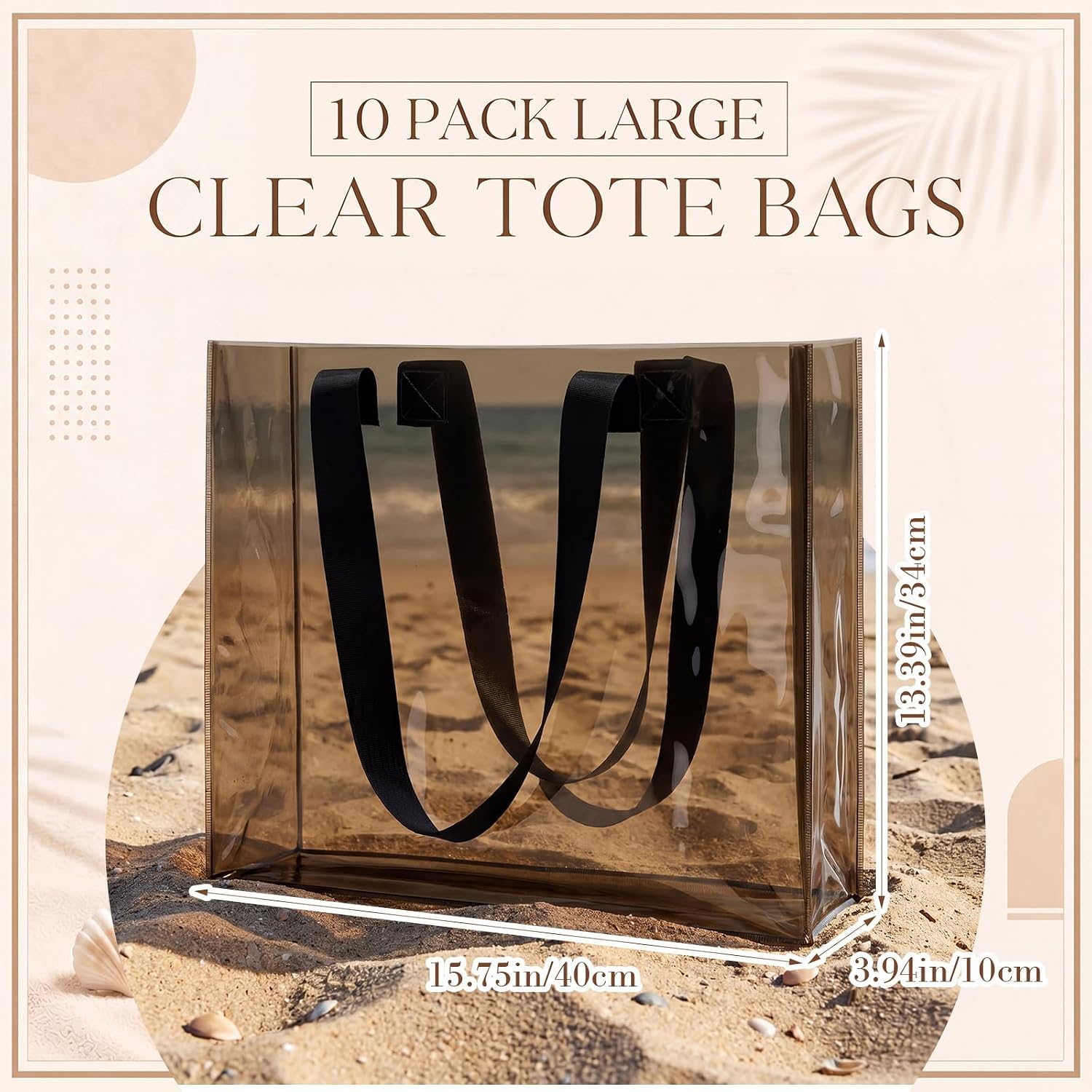 Eccliy 10 Pack PVC Clear Beach Tote Bags Bulk with Handles 15.8 x 13.4 x 4 Inches Large Clear Jelly PlasticTote Bag for Women Sandproof Travel Handbag for Work Shopping Sports Concert
