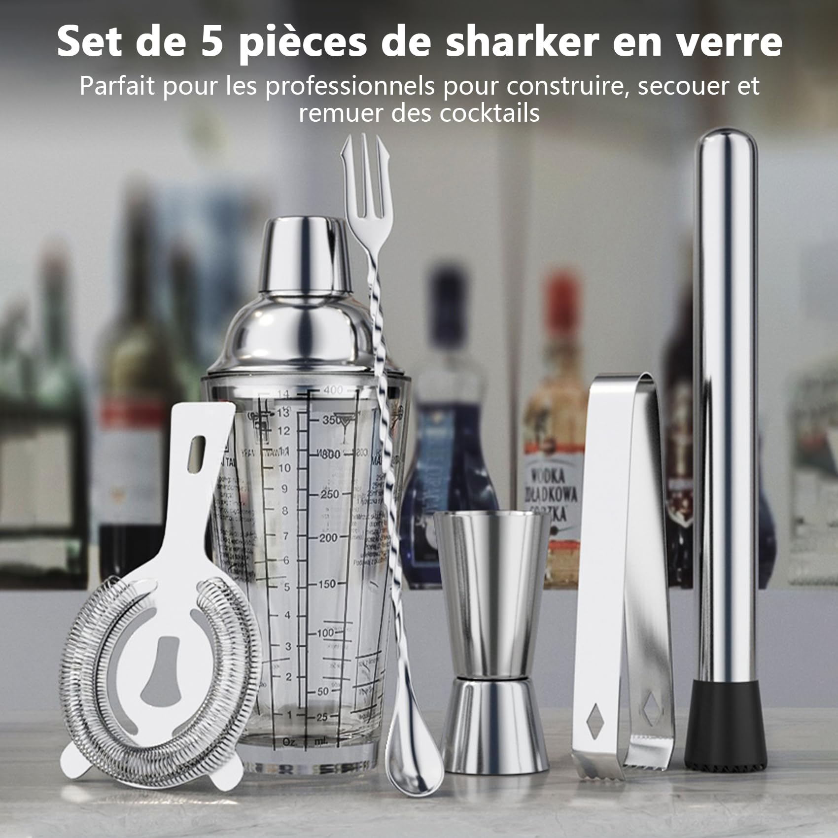 Cocktail Shaker 14oz Glass Shaker Set, 6PCS Bartender Kit, Mélangeur à Martini avec passoire pour Barman, Un Ensemble d'outils de Bar Professionnel pour Les barmans et Les débutants.
