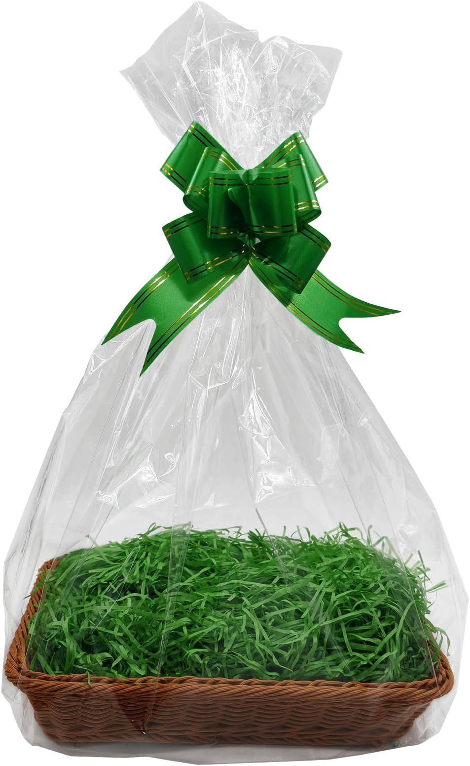 40 x 30 CM Hamper Basket Kit for Gifts, 1 Piece Basket, 1 Pack Ribbons for Gift Wrapping, 2 PCS Cellophane Bags and 1 Pack Shredded Paper for Party, Festival and Celebration (Green)