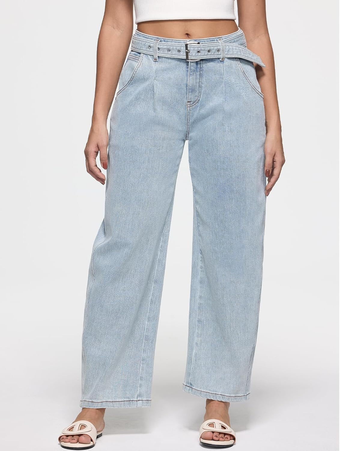 Barrel Jeans for Women Trendy High Waisted Baggy Wide Leg With Detachable Denim Belt Stretchy Denim Pants