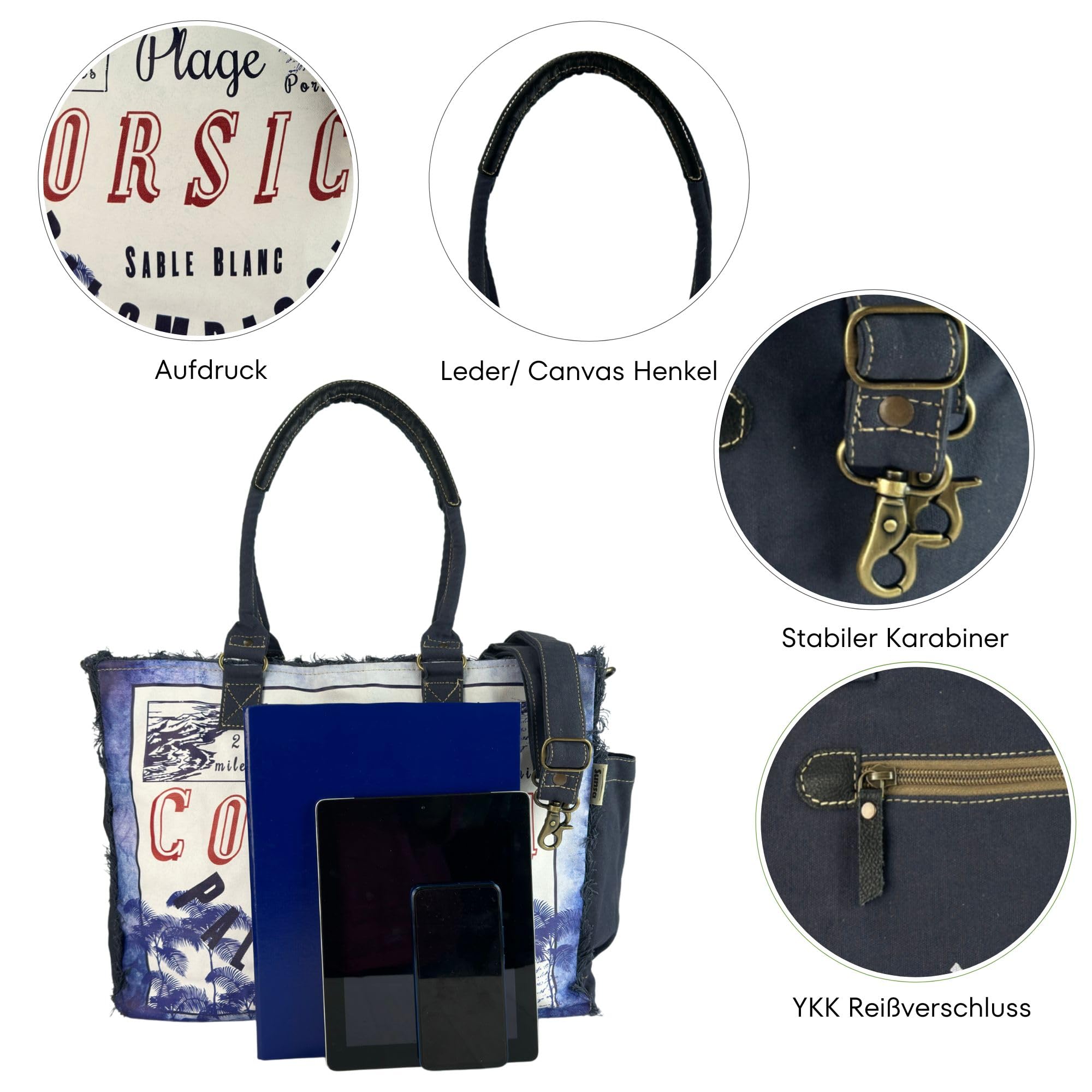 Sunsa XXL Handtasche. Vintage Schultertasche. Weekender Canvas & Leder blau