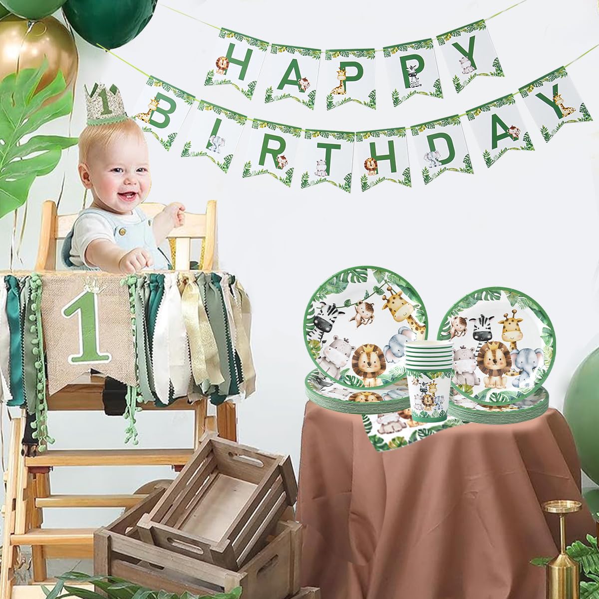 Stoviglie per Feste Animali Giungla 24 Ospiti - 96 pezzi Set da Tavola per Feste a Tema Jungle, Stoviglie per Feste di Compleanno per Bambini Compleanno Animali Piatti di Carta Tovaglioli Bicchieri