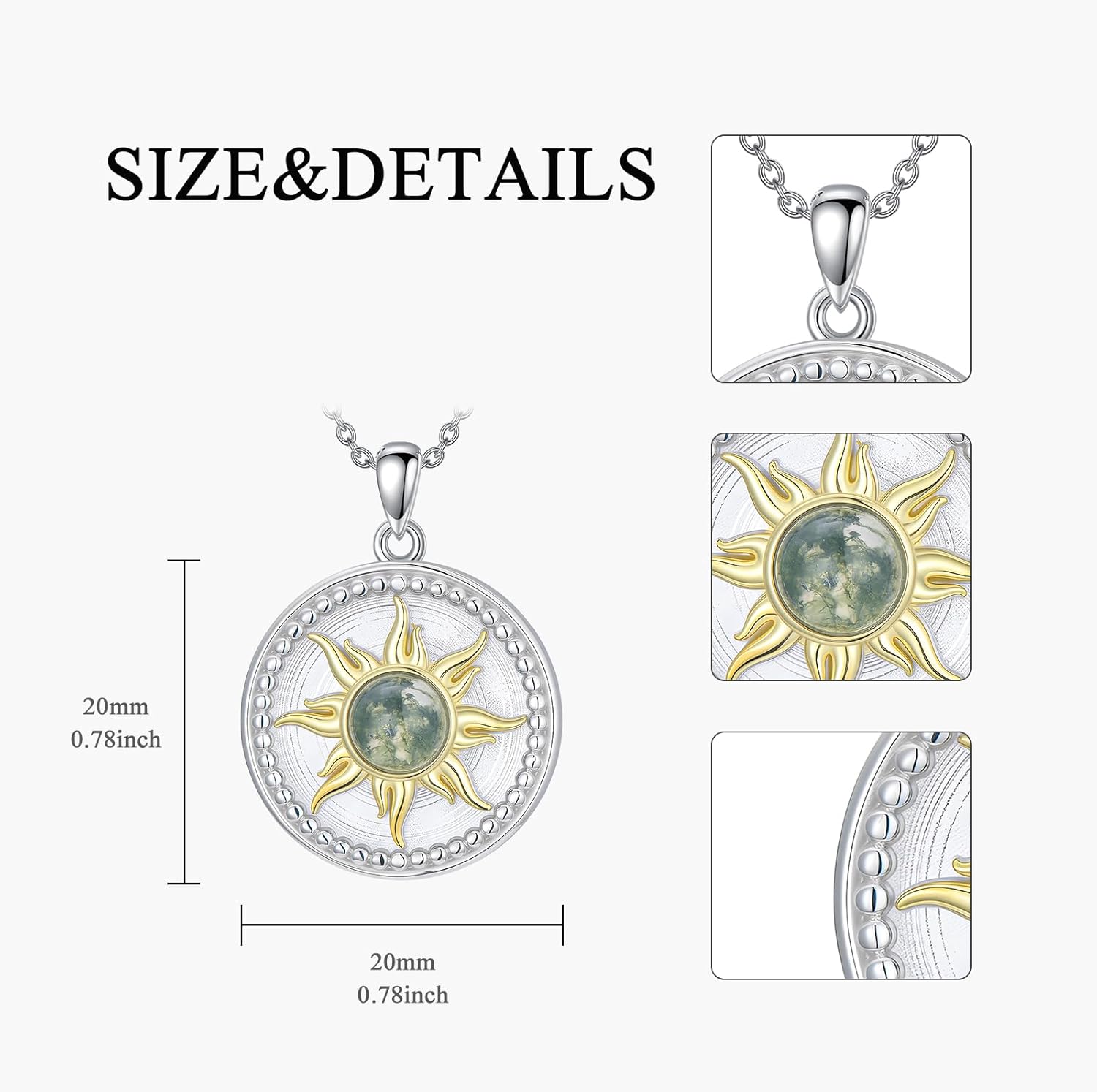 925 Sterling Silver Moss Agate Sunburst Pendant Necklace For Women, Natural Round Cut Green Moss Agate, Dainty Birthday Jewelry Gifts For Her - Image 5