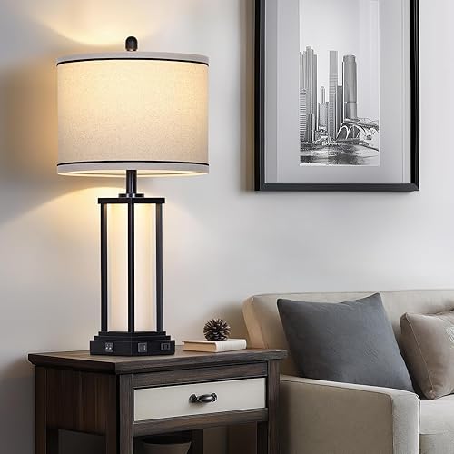 Miniatura 4 de 27" Tall Vintage Table Lamp with USB C+A & Outlet,Black Industrial End Table Lamp for Living Room,Farmhouse Rustic Bedside Lamp with Frosted Glass