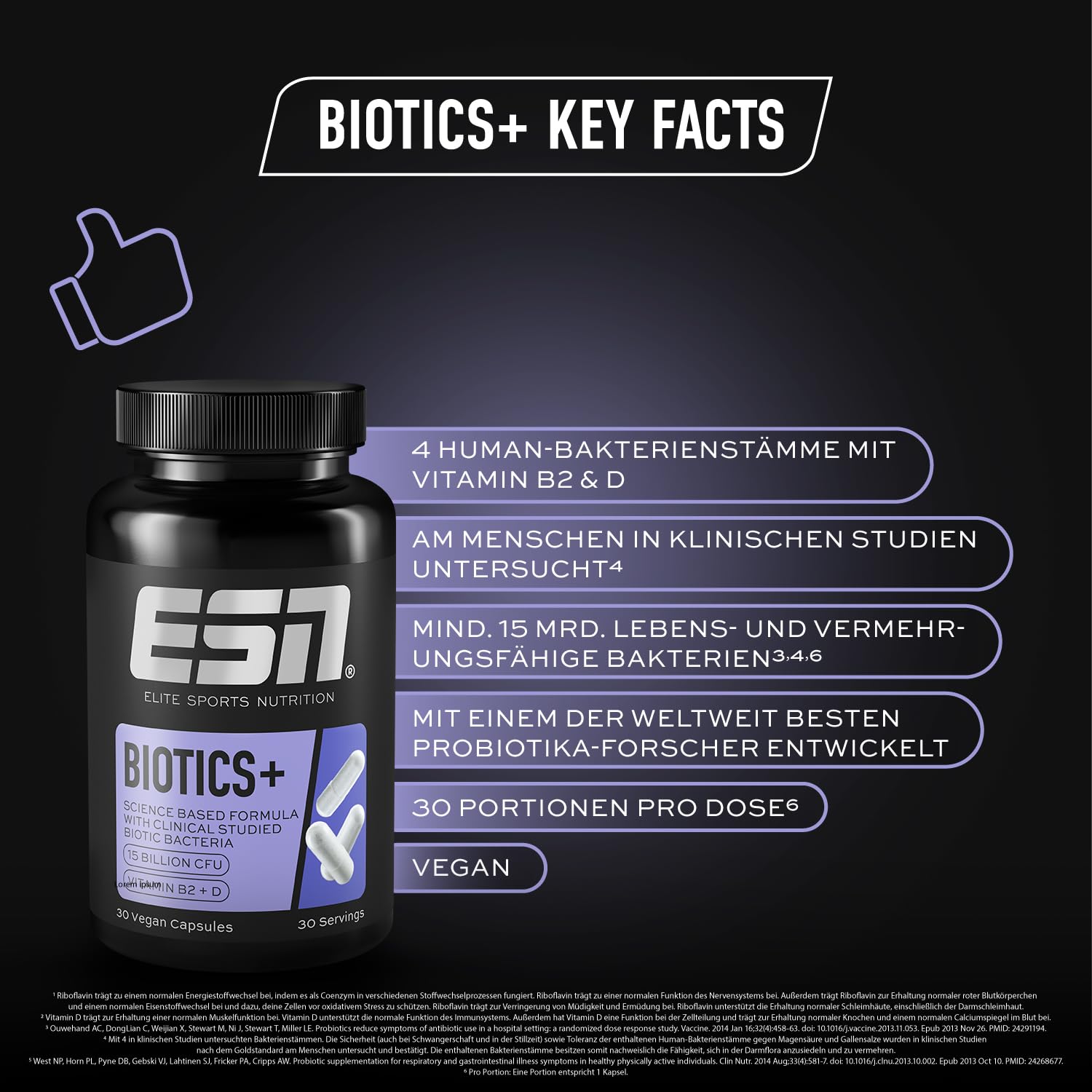 ESN Biotics+, 30 Kapseln, 450 Milliarden KBE je Packung, hochdosiert, mit Vitamin B2 + D, nur 1 Kapsel pro Tag, vegetarisch