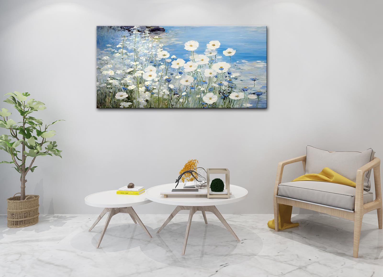Weiße Gänseblümchen Leinwand In Blauer Küstenlandschaft – Moderne Große Wandkunst Für Wohnzimmer & Mehr