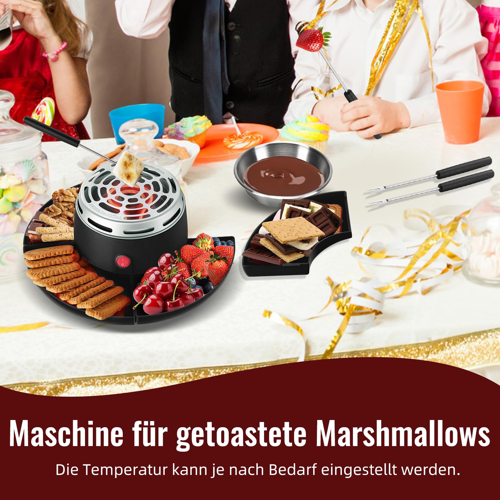 S'Mores - Juego de fondue de chocolate 2 en 1, tostador eléctrico de malvavisco con control de temperatura y 10 accesorios 280 W, modelo de mesa interior S'Mores, kit para fiestas, noches de