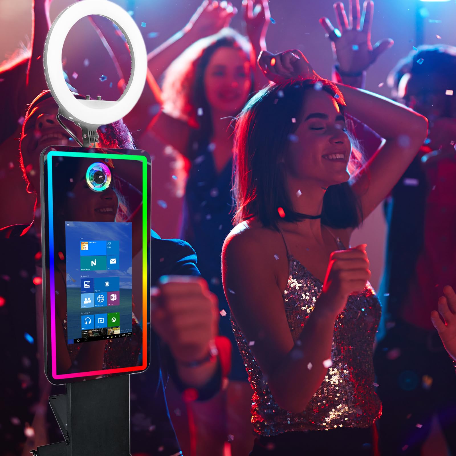 Aparat do fotobudki z ekranem dotykowym 54.6 cm, lustrzana budka do selfie ze światłem RGB i futerałem lotniczym, fotobudka na imprezy (czarna, maszyna + drukarka)