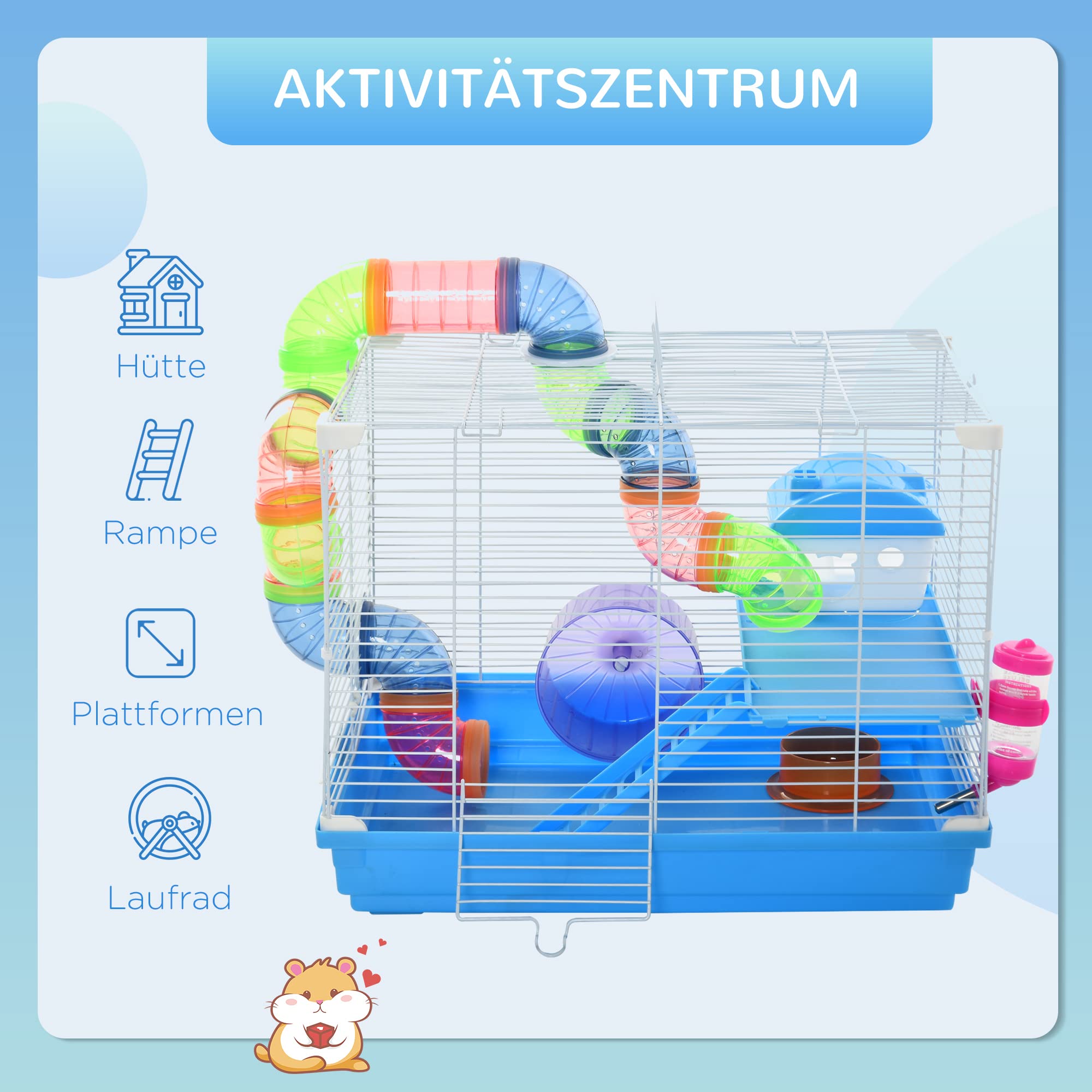 PawHut Kleintierkäfig Nagerkäfig mit Laufrad 2-Ebenen Kleintierstall Käfig Kleintier Futternapf Trinkflasche abnehmbare Bodenwanne Kunststoff Blau+Weiß 46 x 30 x 37 cm