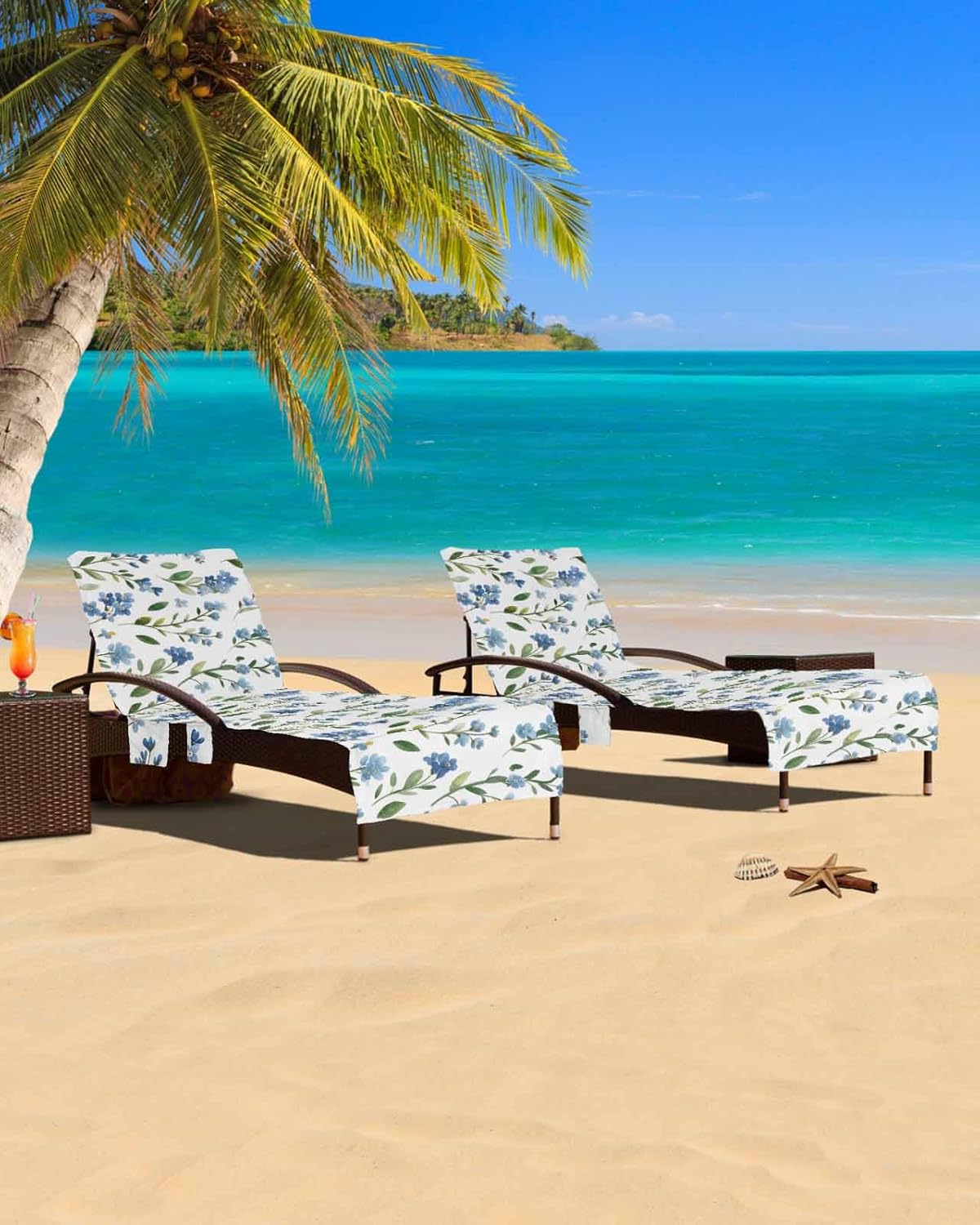 Blue Flower Beach Pool Patio Lounge Chaise Chair Cover Towel With Pockets,Absorbent & Quick Dry Microfiber Towel Cover Bag Summer Accessories Spring Summer Green Leaves Aesthetics Watercolor