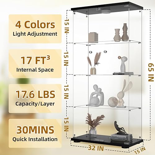 Miniatura 2 de HAMBING Vitrina de cristal de 65 pulgadas con luz y cerradura, vitrina grande de vidrio templado Curio para dormitorio, sala de estar, 4 estantes,