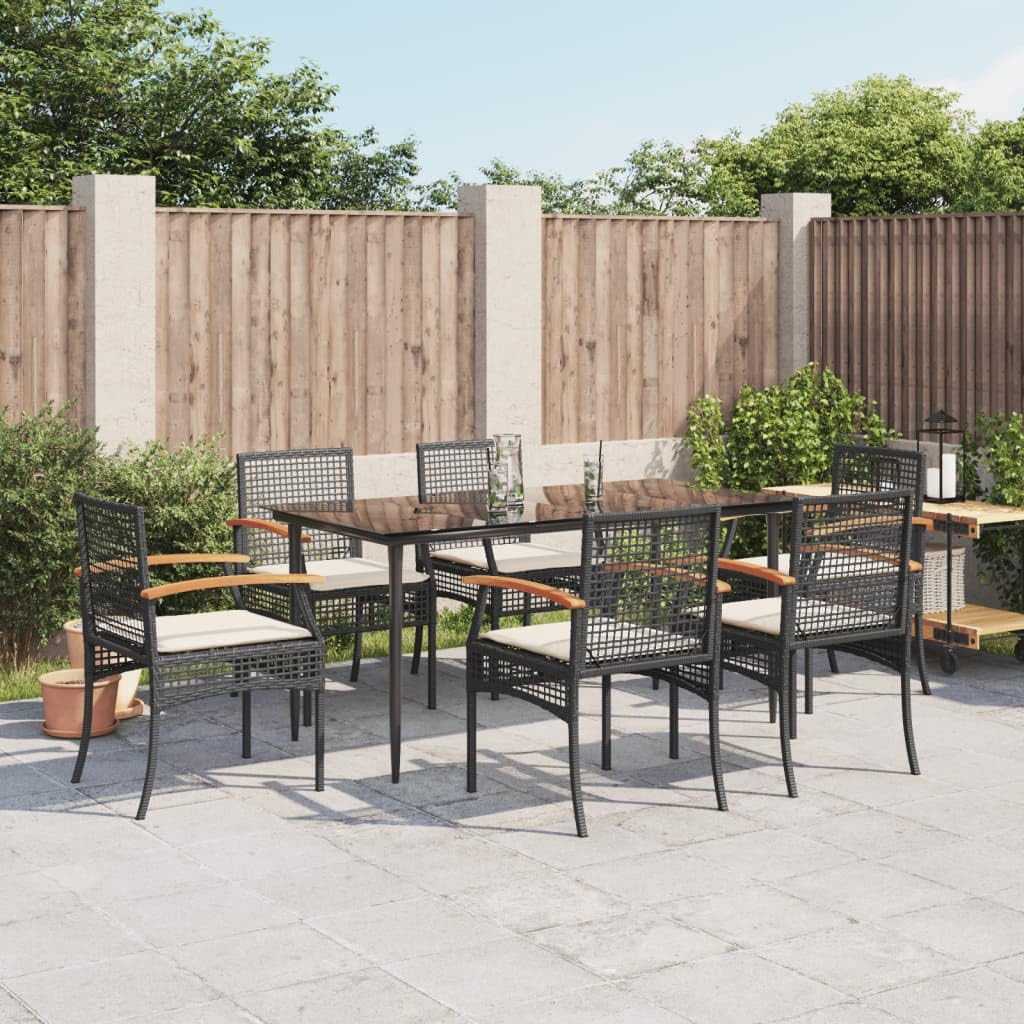 Keyroto Mesita y sillas de exterior, mesa exterior con sillas, mesa con sillas de jardín, juego de mesa y sillas de jardín, juego de balcón, juego de comedor de jardín 7 piezas negro con cojines de