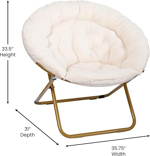 Miniatura 2 de EMMA + OLIVER Ersa - Silla plegable de gran tamaño, silla lunar de piel sintética de sherpa marfil, marco de metal dorado suave, silla plegable