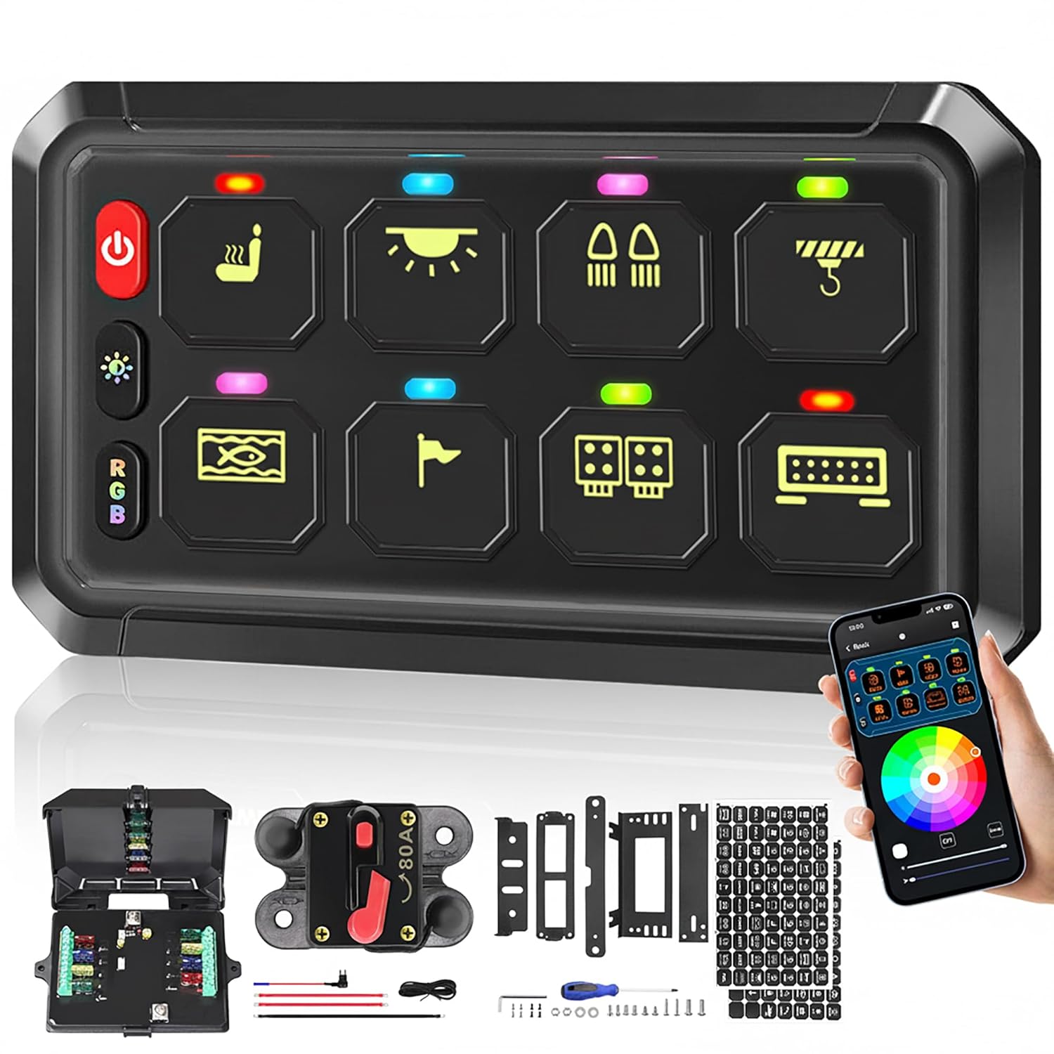 8 Gang Switch Panel - Bluetooth App Wireless RGB Control Panel - Universal 12-24V Compact Waterproof Relay Car Touch Switch Box - for Jeep Truck Boat Marine with Toggle Momentary Dimmable Modes