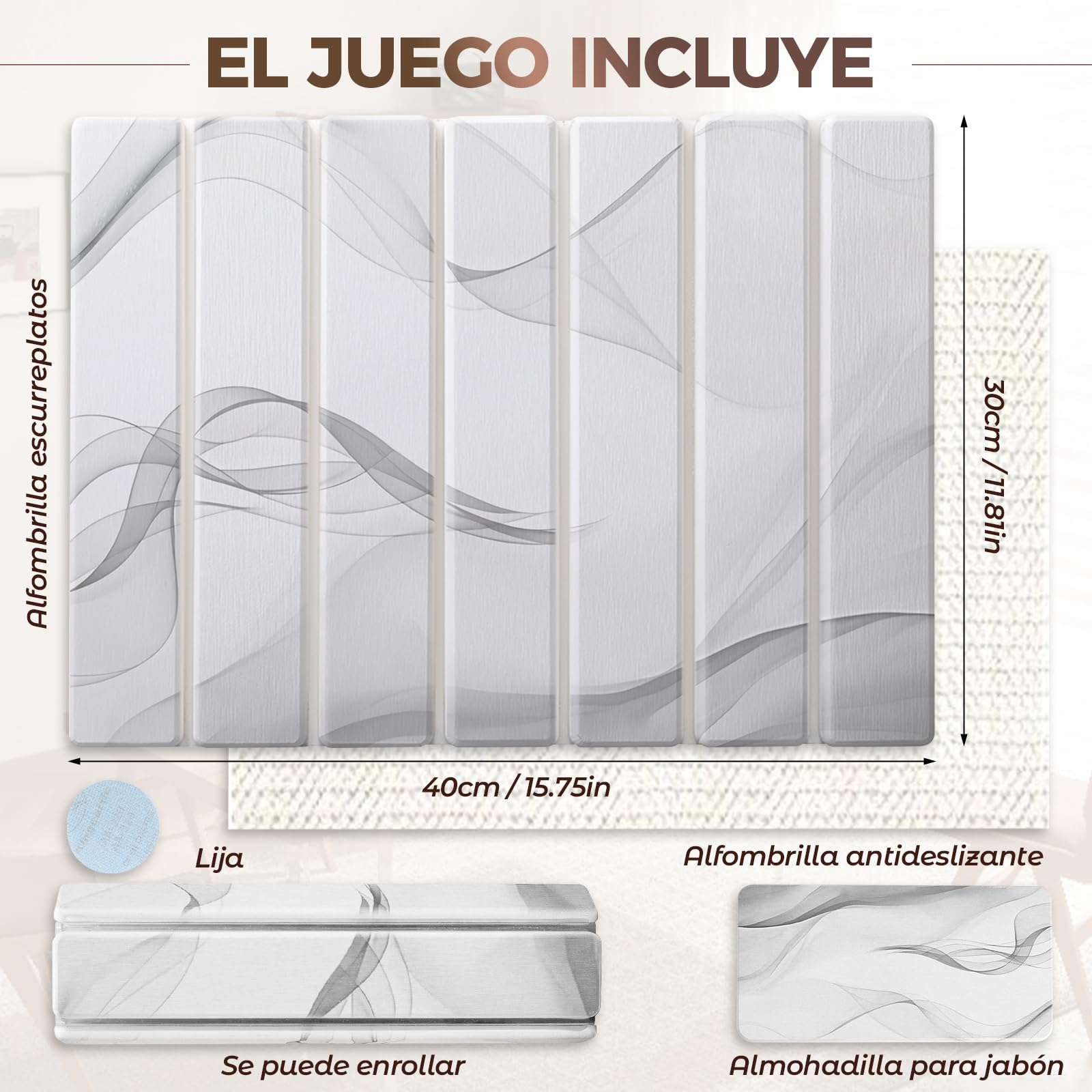 Alfombrilla Escurreplatos de Diatomeas 40 x 30 cm, Escurreplatos Diatomita Cocina, Secado Rápido Absorción (Patrón de Ondas, con Jabonera)