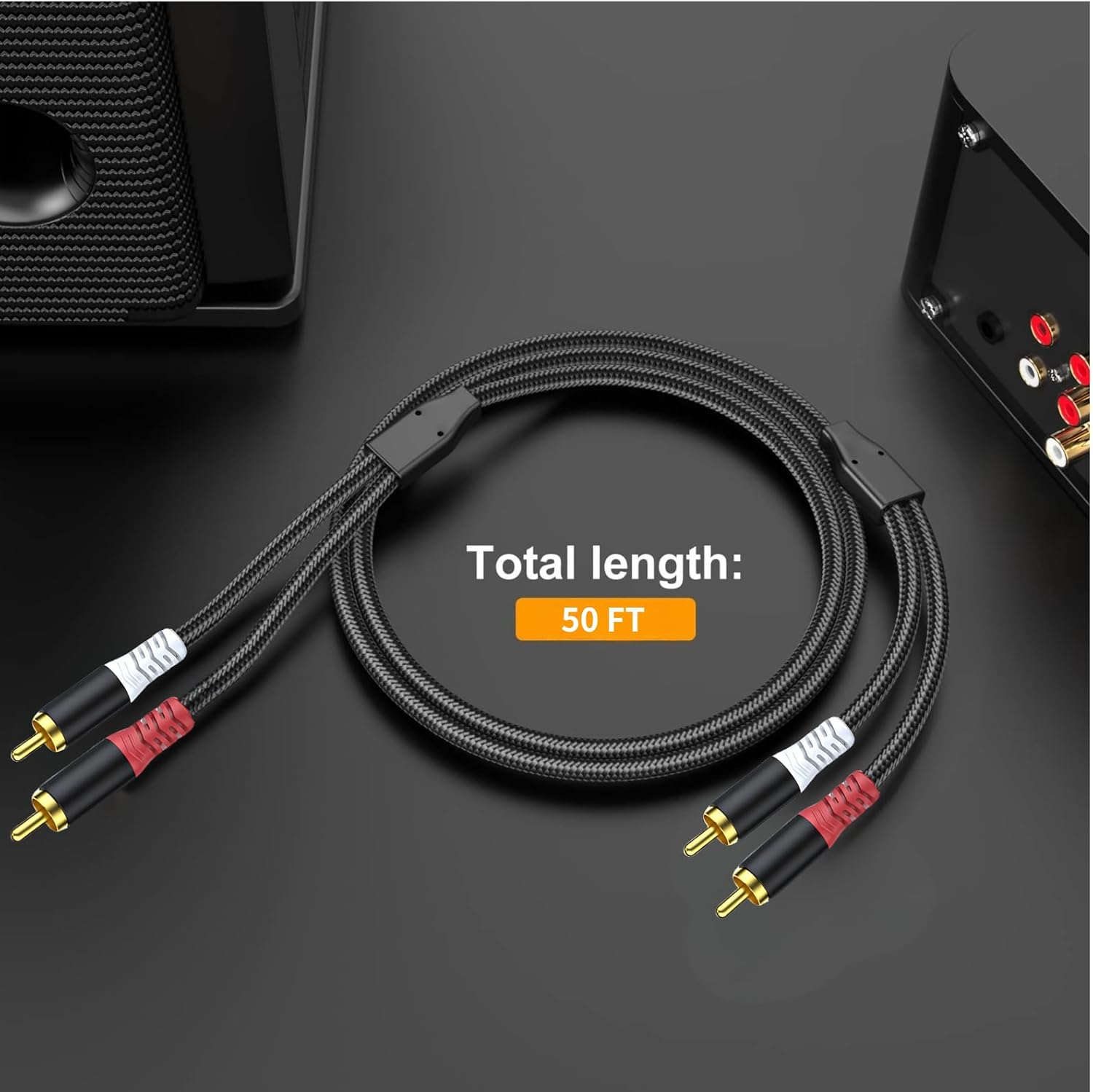 HOSONGIN RCA Audio Cable 50FT - Dual Shielded Noise Free Durable Braided Male to Male Long Audio Cord for Home Theater/Amplifier/Subwoofer/Speaker/Audio Receiver/Vinyl Record Player/SoundBar - 50 feet