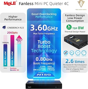 MeLE Mini PC Quieter 4C with Windows 11 Pro, N150 8GB RAM 256GB Storage Mini Computers, Fanless PC with Full-Functional USB-C, 2.4G/5G WiFi, 4K Triple Display on Home, Office, Education, Industrial