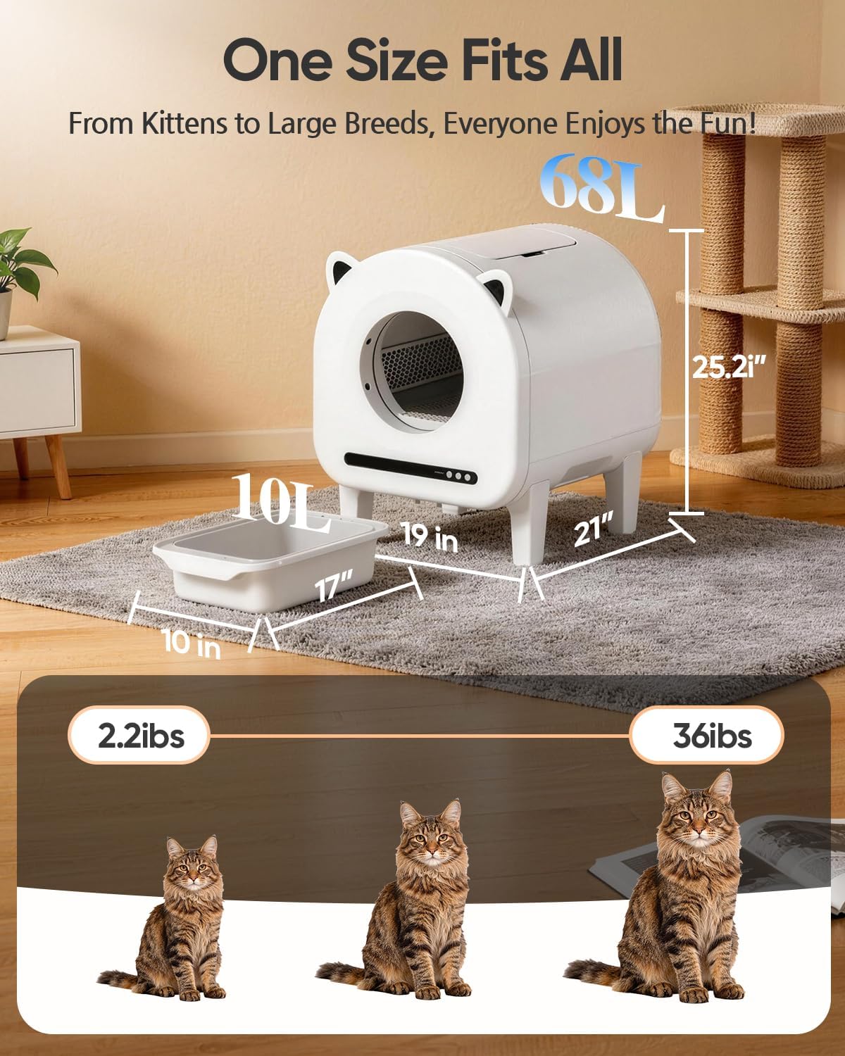 Automatic Litter Box, 68L Self-Cleaning Cat Litter Box Large Capacity for Multiple Cats, App Control, Dual Safety Sensors, Anti-Pinch, Odor Control, Silent Mode, Washable Liner, Includes 2 Trash Bag