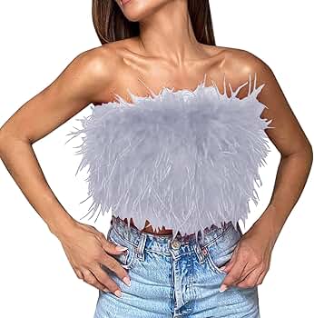 Amazon.com: Women's Sexy Feather Crop Tops Furry Faux Fur