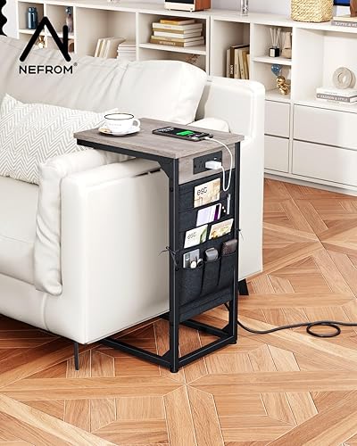 Miniatura 2 de Mesa auxiliar en forma de C con estación de carga rápida, mesa auxiliar de sofá pequeña con bolsa de almacenamiento, mesa de bandeja de sofá para