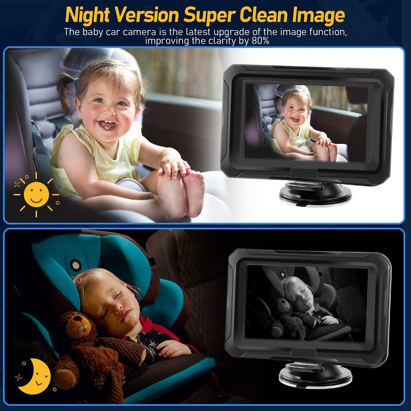 CLT-805 - Specchio per auto per bambini con display HD 4.3 HD, telecamera di sicurezza per seggiolino auto con ampia visione cristallina, osserva facilmente i movimenti del bambino (non USB)